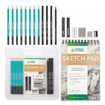 Sada na kreslení s grafickými, uhlíkovými, skicovacími tužkami a skicářem