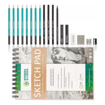Sada na kreslení s grafickými, uhlíkovými, skicovacími tužkami a skicářem
