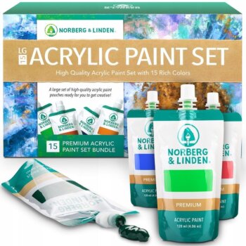 Prémiová sada akrylových barev - 15 velkých tub na malování na plátno, 15 x 120 ml