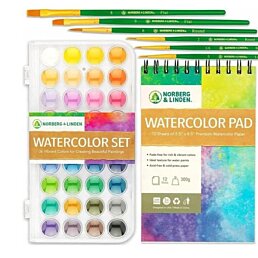 Sada vodových barev - 36 prémiových barev - 12stránkový blok - 6 štětců, 43 ks