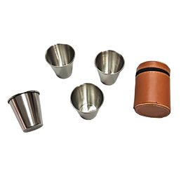 Cestovní nerezové štamprle v hnědé koženkové pouzdře 4ks