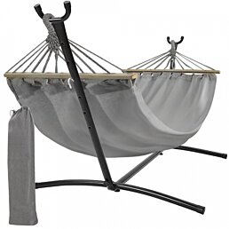 Dvojmístná zahradní houpačka hamak se sloupky a stabilním kovovým stojanem