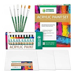 Sada akrylových barev - 12 akrylových barev, 6 štětců na akrylové malování, 3 plátna