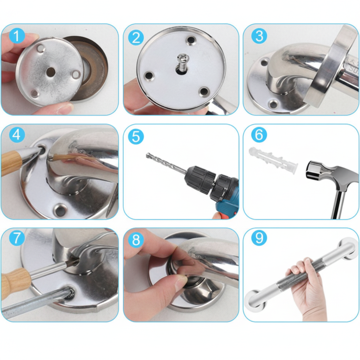 Detail pevného nerezového madla do koupelny