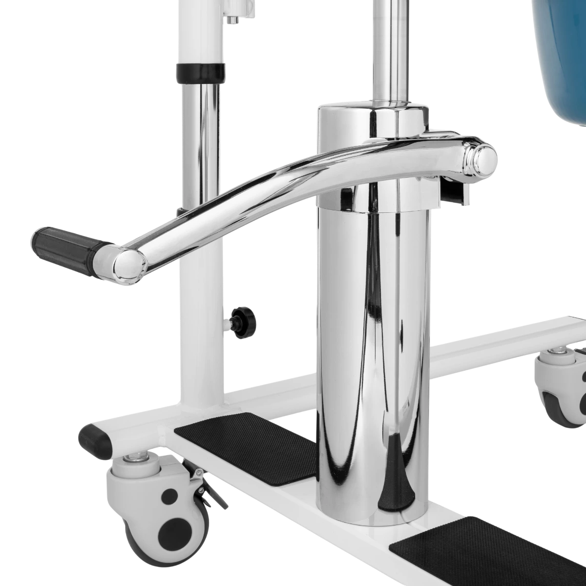 Hydraulická stolička na přesun – detail koleček s brzdami