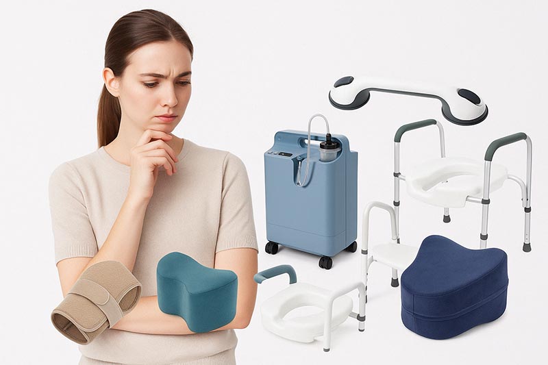 Fotografie přemýšlející ženy a zdravotnických pomůcek.