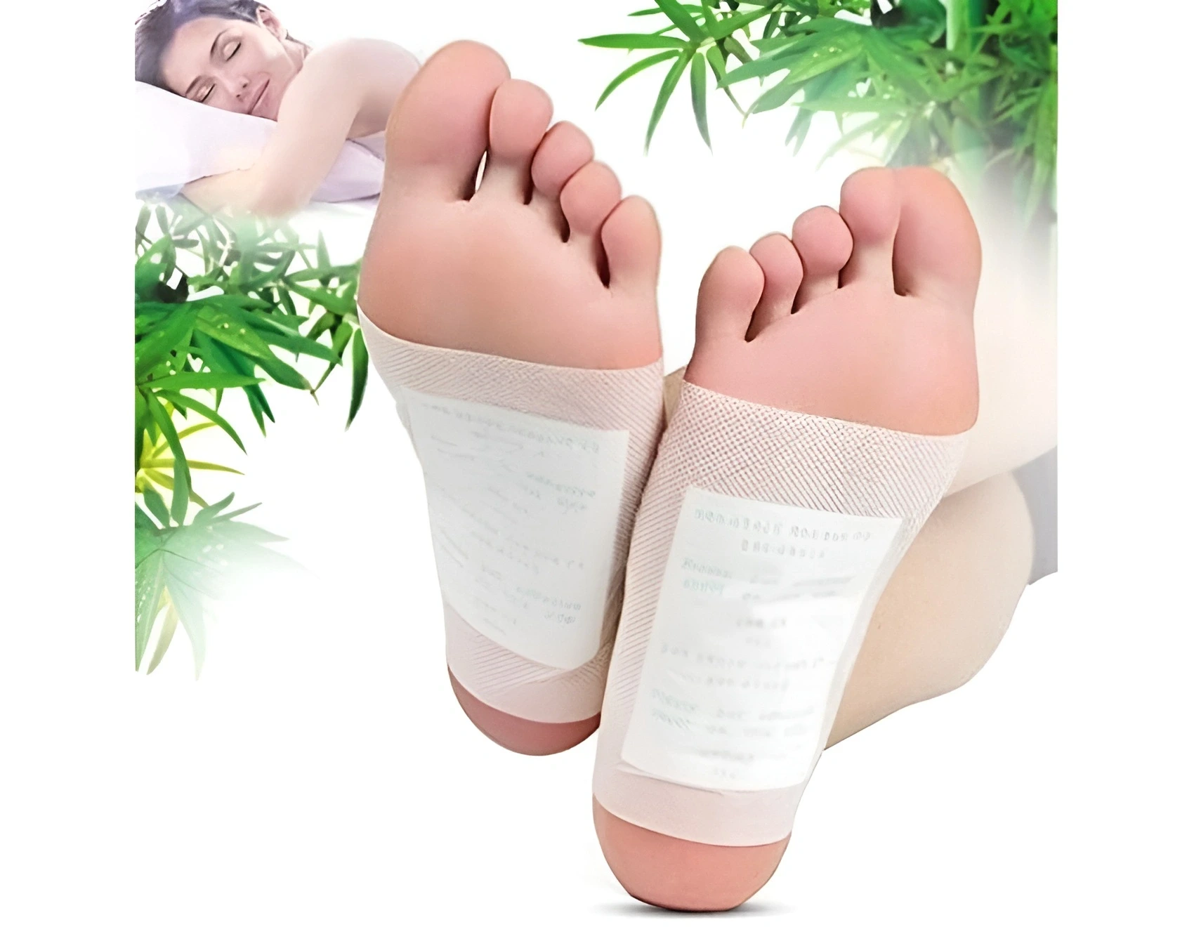 Spící žena a v popředí chodidla s detoxikačními náplastmi.